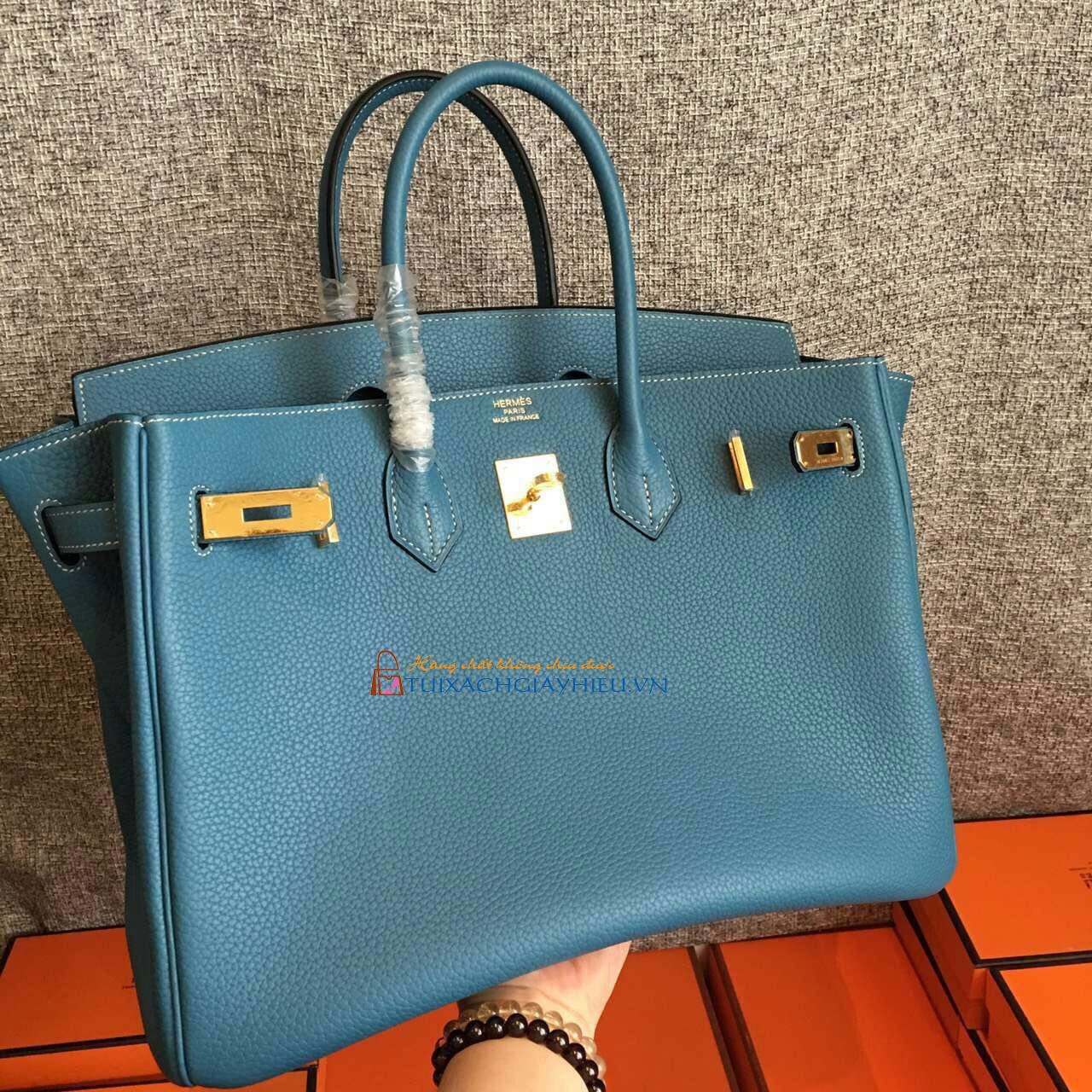 Túi  xách Hermes Birkin may tay 100% size 30 xanh